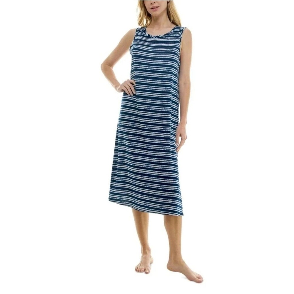 Roudelain Size L Womens Long Nightgown Quartz Stripe Sleeveless Blue